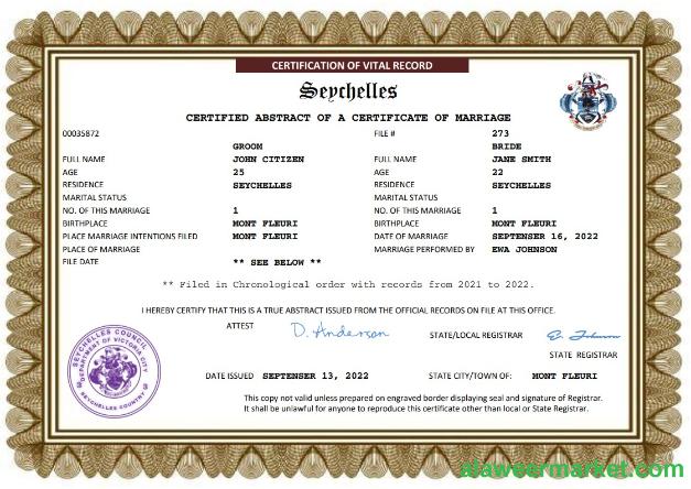 Seychelles marriage certificate Word and PDF template